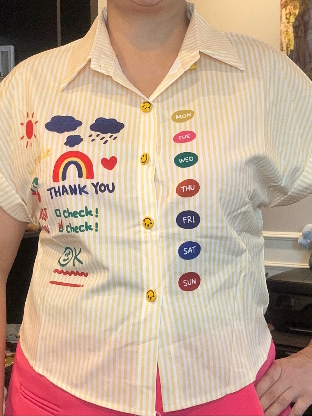 Women's Yellow Stripe Button-Up Shirt w/ Colorful Day & Rainbow Graphics
